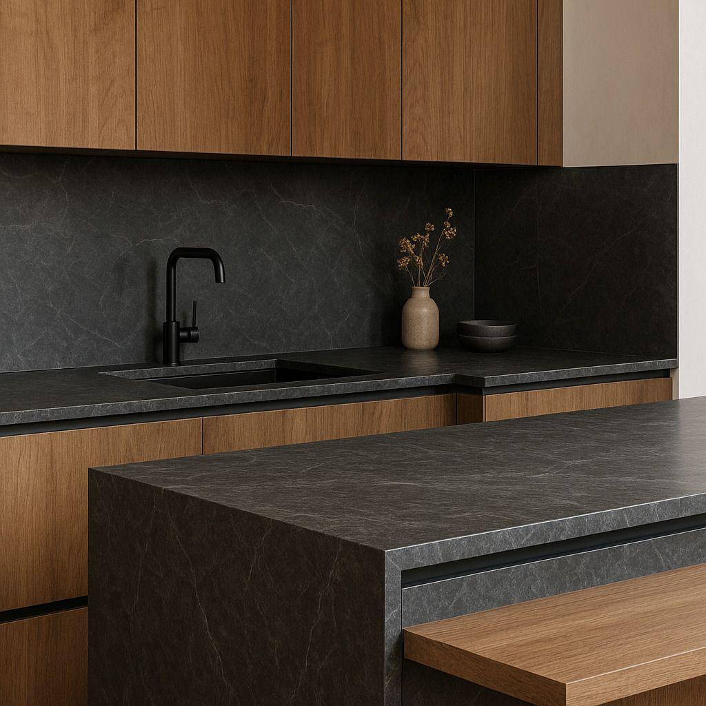 Moderne Küche mit durchgängigem Naturstein-Design: dunkle Arbeitsplatte, Kücheninsel und Rückwand aus einheitlichem Stein, kombiniert mit Holzfronten.